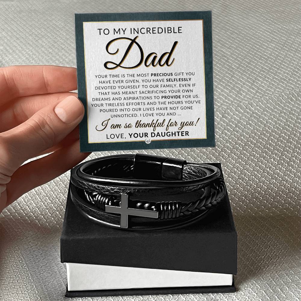 Gift For My Dad, From Daughter - Men's Braided Leather Bracelet with Cross - Great Christmas Gift, Birthday Present or Fathers Day Gift For Him