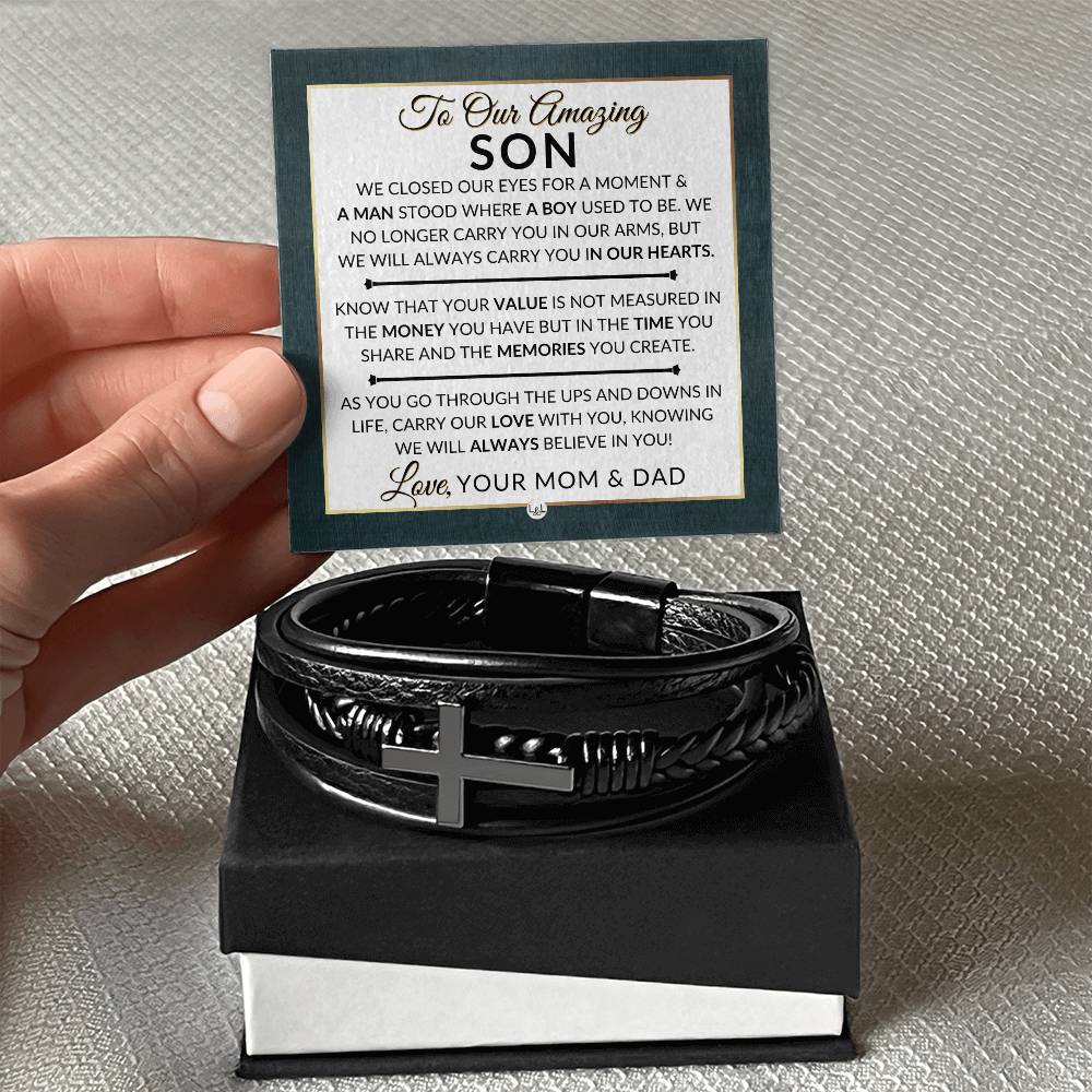 Gift For Our Son From His Mom and Dad - We Closed Our Eyes - Men's Braided Leather Bracelet with Cross - Christmas Gift or A Birthday Present For Him - Liliana and Liam