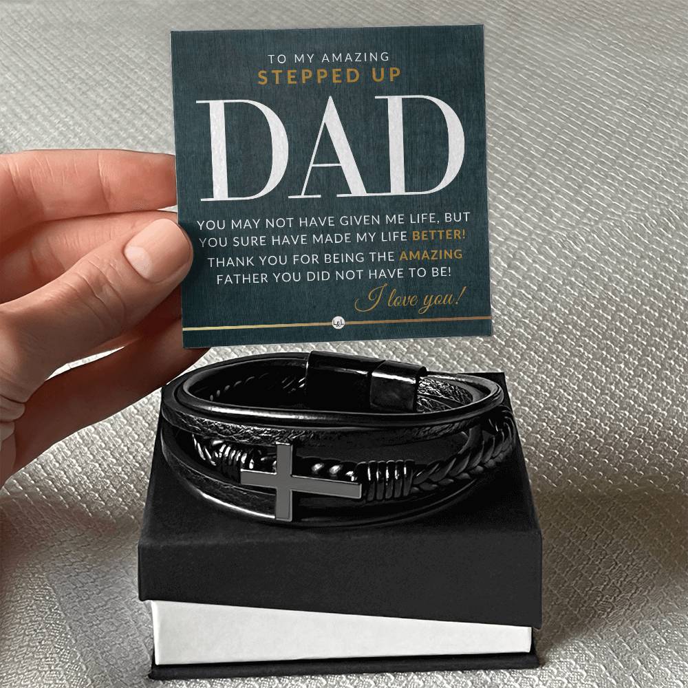 Stepped Up Dad Present - Men's Braided Leather Bracelet with Cross - Great Christmas Gift, Birthday Present or Fathers Day Gift For Him