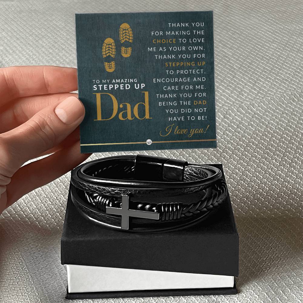 Gift For Your Stepped Up Stepdad - Men's Braided Leather Bracelet with Cross - Great Christmas Gift, Birthday Present or Fathers Day Gift For Him