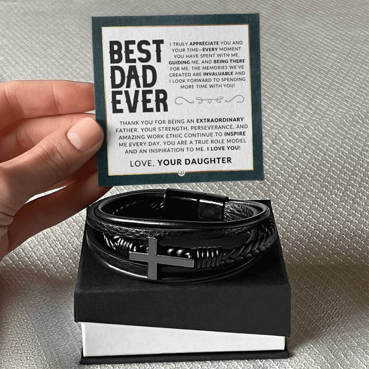 Dad Gift, From His Daughter - Men's Braided Leather Bracelet with Cross -  Christmas Gift or A Birthday Present For Him