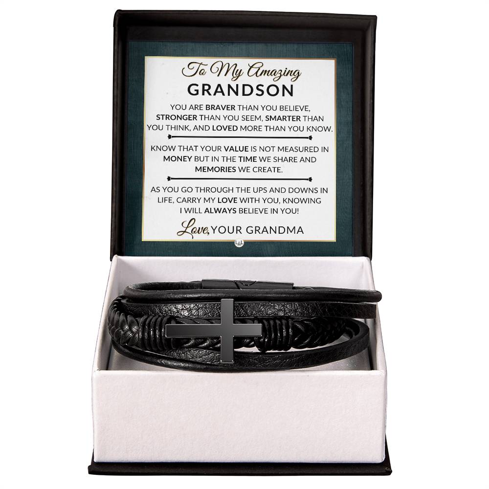 Gift For My Grandson From Grandma - Carry My Love With You - Men's Braided Leather Bracelet with Cross -  Christmas Gift or A Birthday Present For Him