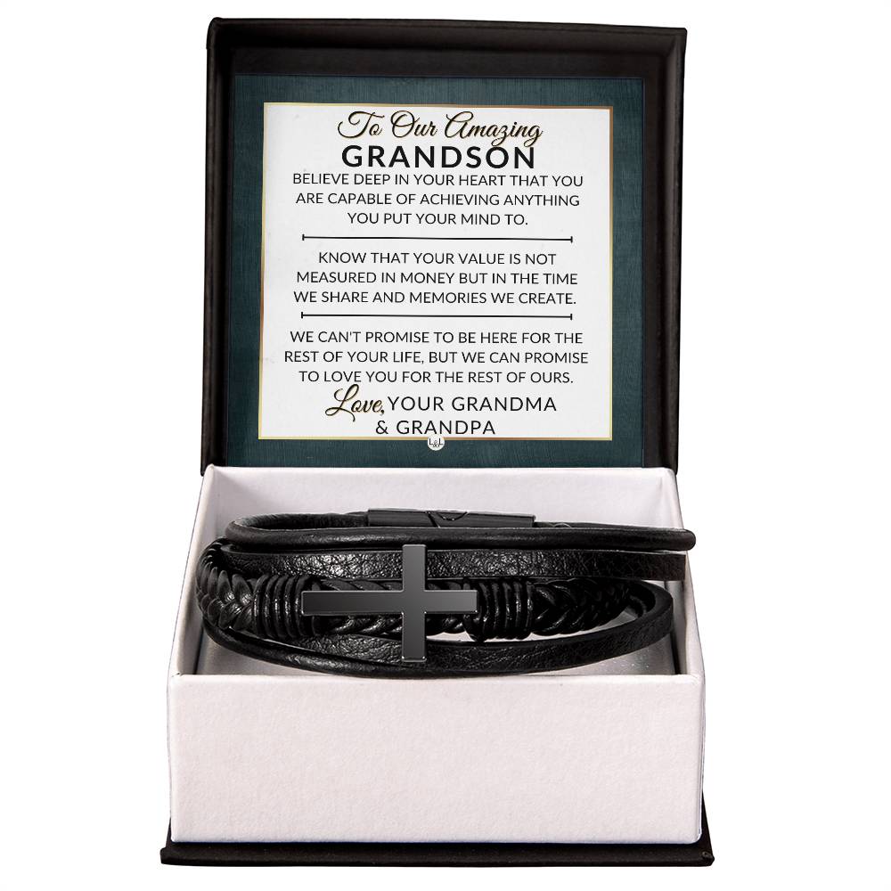 Grandson Gift From Grandma and Grandpa - You Can Achieve Anything - Men's Braided Leather Bracelet with Cross -  Christmas Gift or A Birthday Present For Him