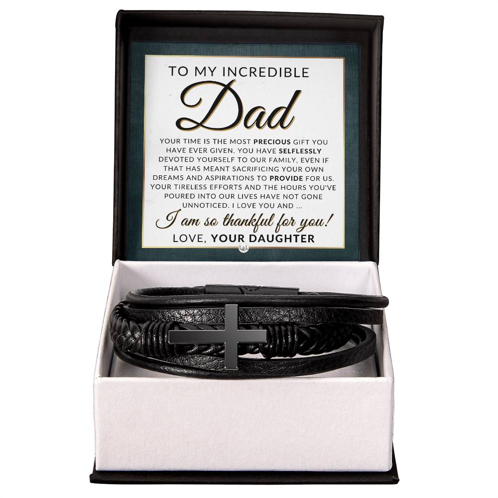 Gift For My Dad, From Daughter - Men's Braided Leather Bracelet with Cross - Great Christmas Gift, Birthday Present or Fathers Day Gift For Him