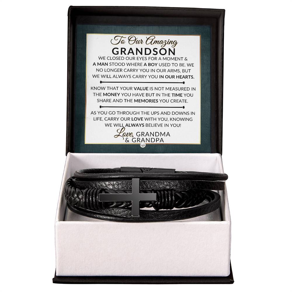 Gift For Our Grandson From His Grandma and Grandpa - We Closed Our Eyes - Men's Braided Leather Bracelet with Cross -  Christmas Gift or A Birthday Present For Him