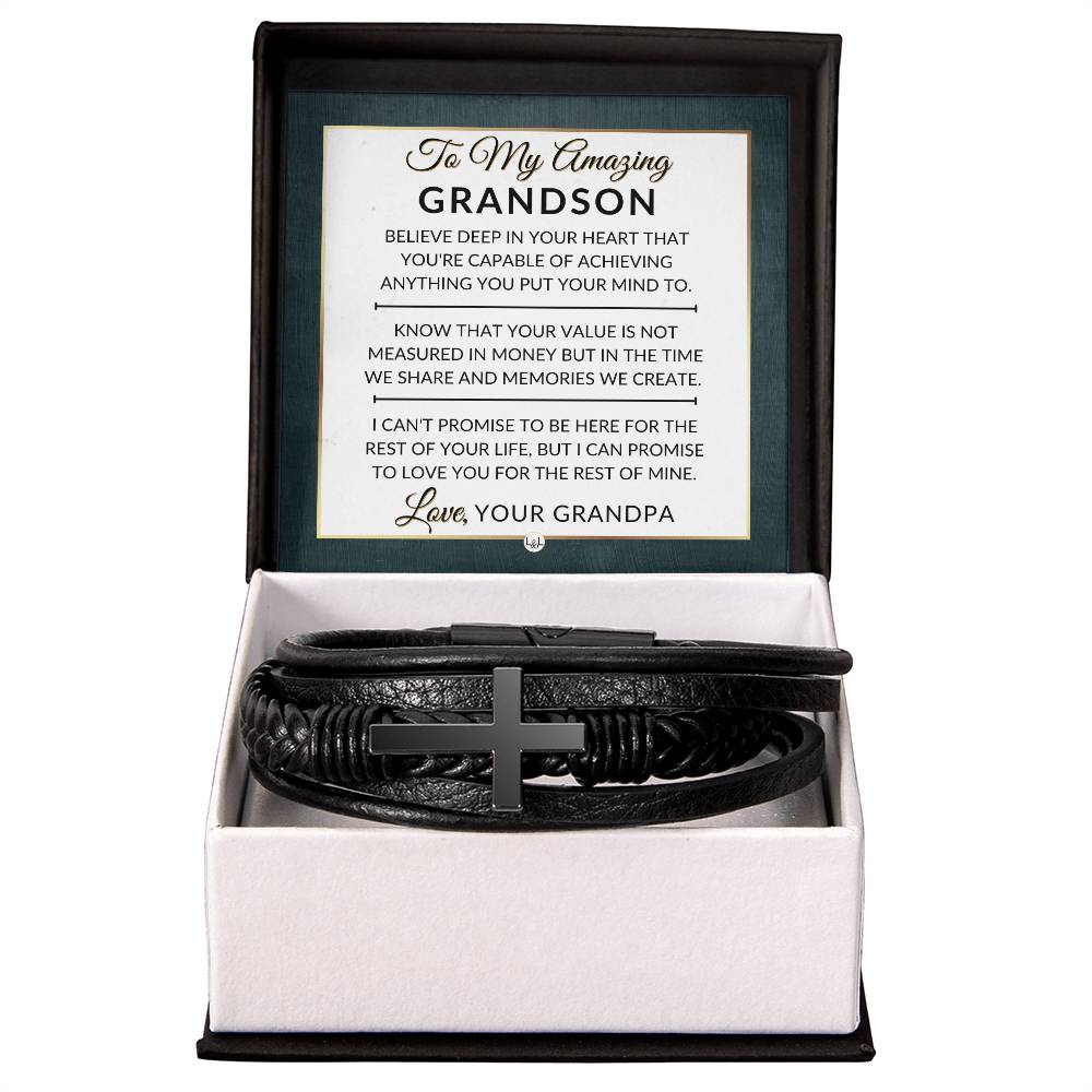 Grandson Gift From Grandpa - You Can Achieve Anything - Men's Braided Leather Bracelet with Cross -  Christmas Gift or A Birthday Present For Him