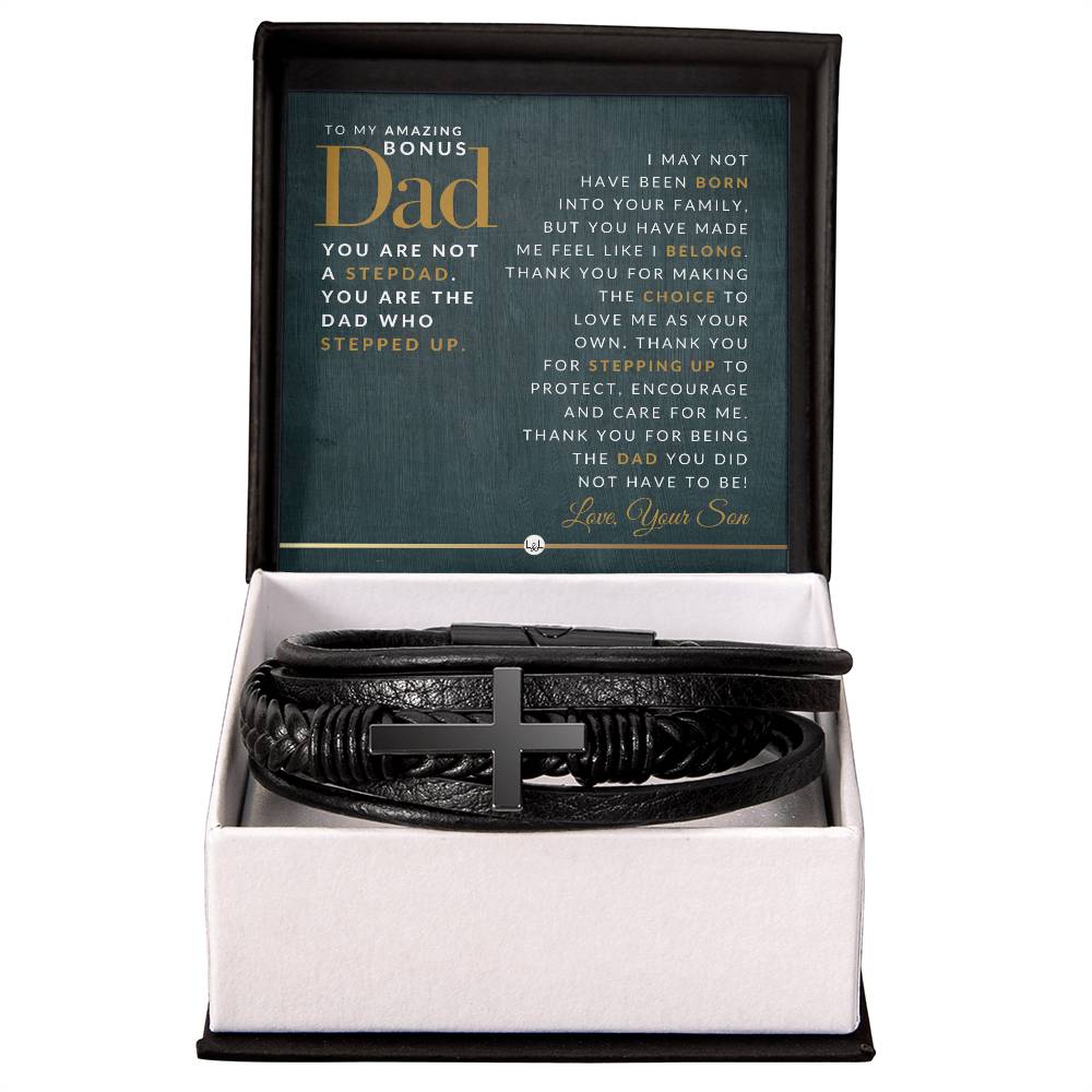 Gift For Bonus Dad, From Son - Men's Braided Leather Bracelet with Cross -  Christmas Gift or A Birthday Present For Him