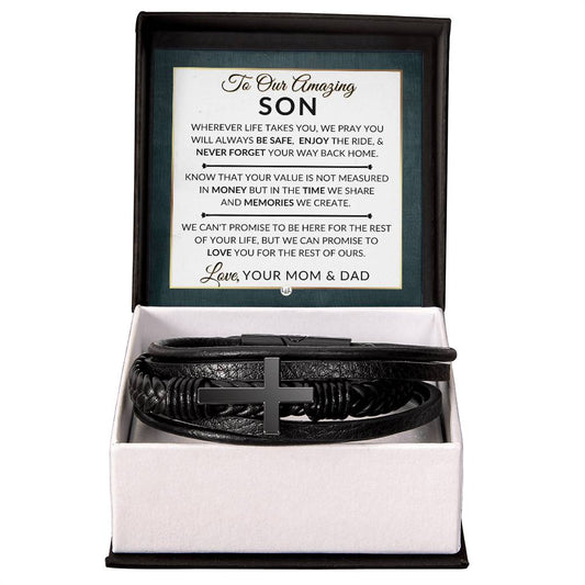 Gift For Our Son From Mom and Dad - Never Forget Your Way Home - Men's Braided Leather Bracelet with Cross -  Christmas Gift or A Birthday Present For Him
