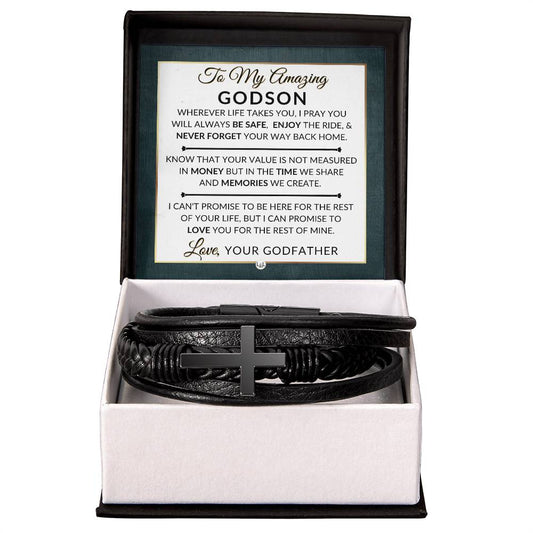 Gift For Godson From Godfather - Never Forget Your Way Home - Men's Braided Leather Bracelet with Cross -  Christmas Gift or A Birthday Present For Him