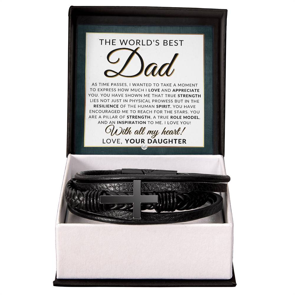 World's Best Dad, From Daughter - Men's Braided Leather Bracelet with Cross - Great Christmas Gift, Birthday Present or Fathers Day Gift For Him