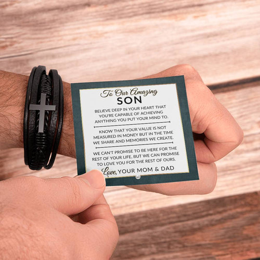 Son Gift From Mom and Dad - You Can Achieve Anything - Men's Braided Leather Bracelet with Cross -  Christmas Gift or A Birthday Present For Him