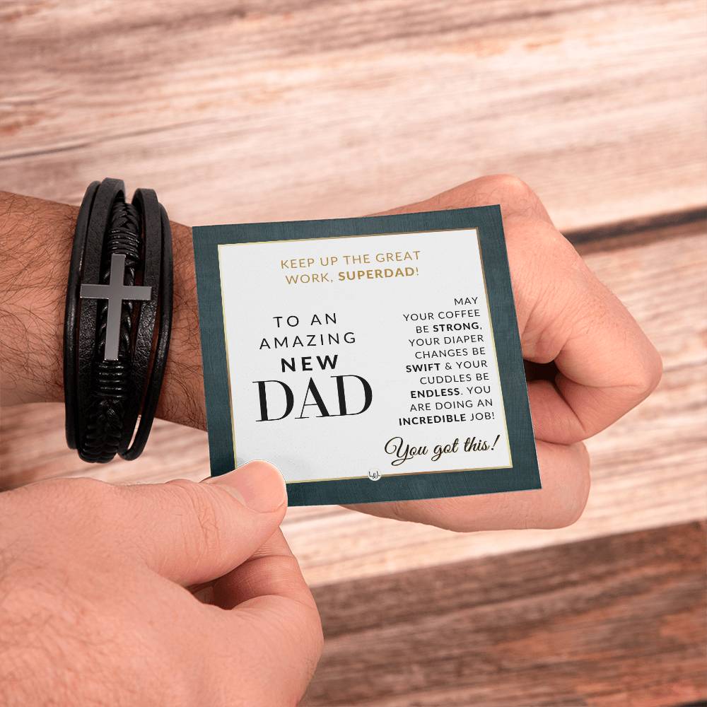 New Dad Gift From Wife - Men's Braided Leather Bracelet with Cross -  Christmas Gift or A Birthday Present For Him