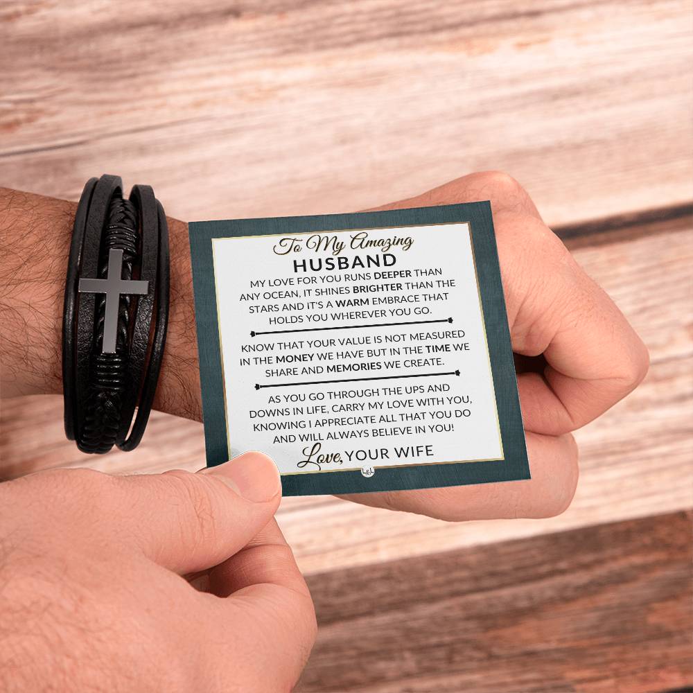 Best Gift For Husband From Wife - In Love And Memories - Men's Braided Leather Bracelet with Cross -  Christmas Gift or A Birthday Present For Him