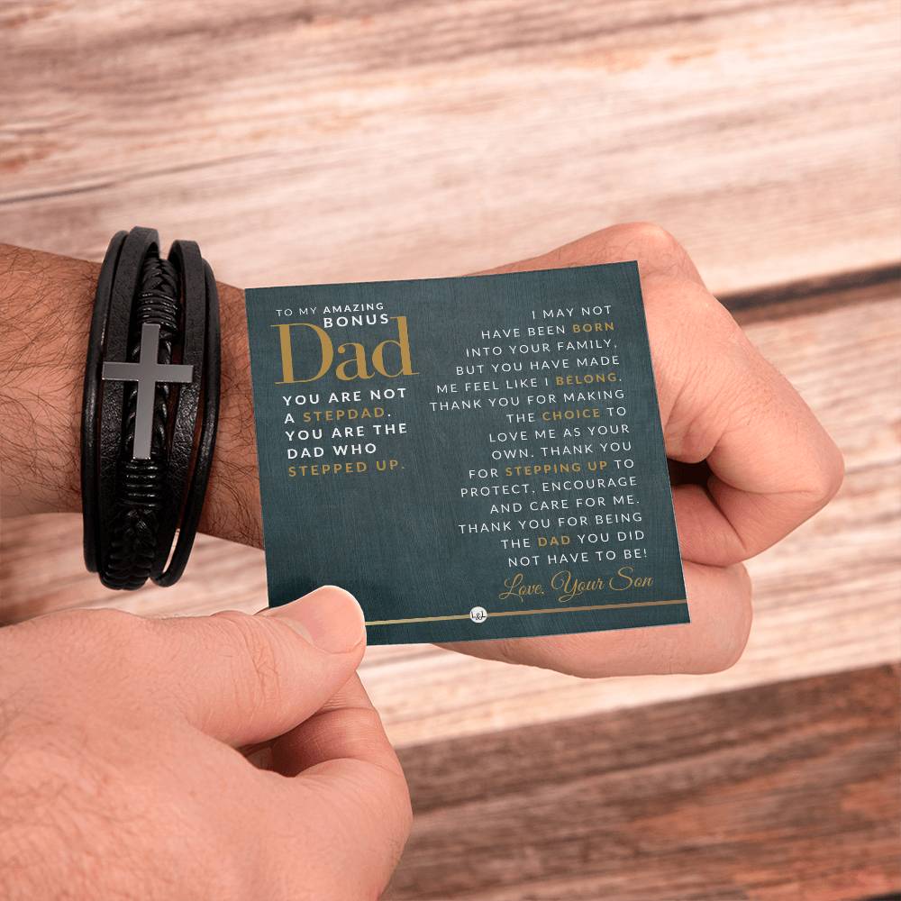 Gift For Bonus Dad, From Son - Men's Braided Leather Bracelet with Cross -  Christmas Gift or A Birthday Present For Him