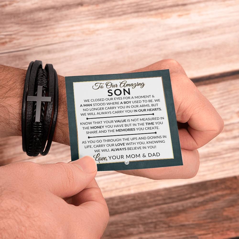 Gift For Our Son From His Mom and Dad - We Closed Our Eyes - Men's Braided Leather Bracelet with Cross - Christmas Gift or A Birthday Present For Him - Liliana and Liam