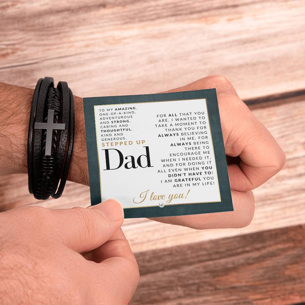 Gift For Stepped Up Dad - Men's Braided Leather Bracelet with Cross - Great Christmas Gift, Birthday Present or Fathers Day Gift For Your Stepdad