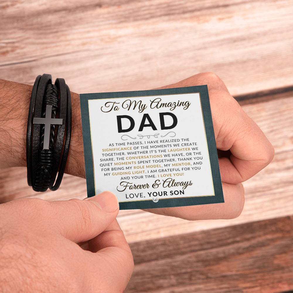 Dad Gift, From Son - Men's Braided Leather Bracelet with Cross - Great Christmas Gift, Birthday Present or Fathers Day Gift For Him