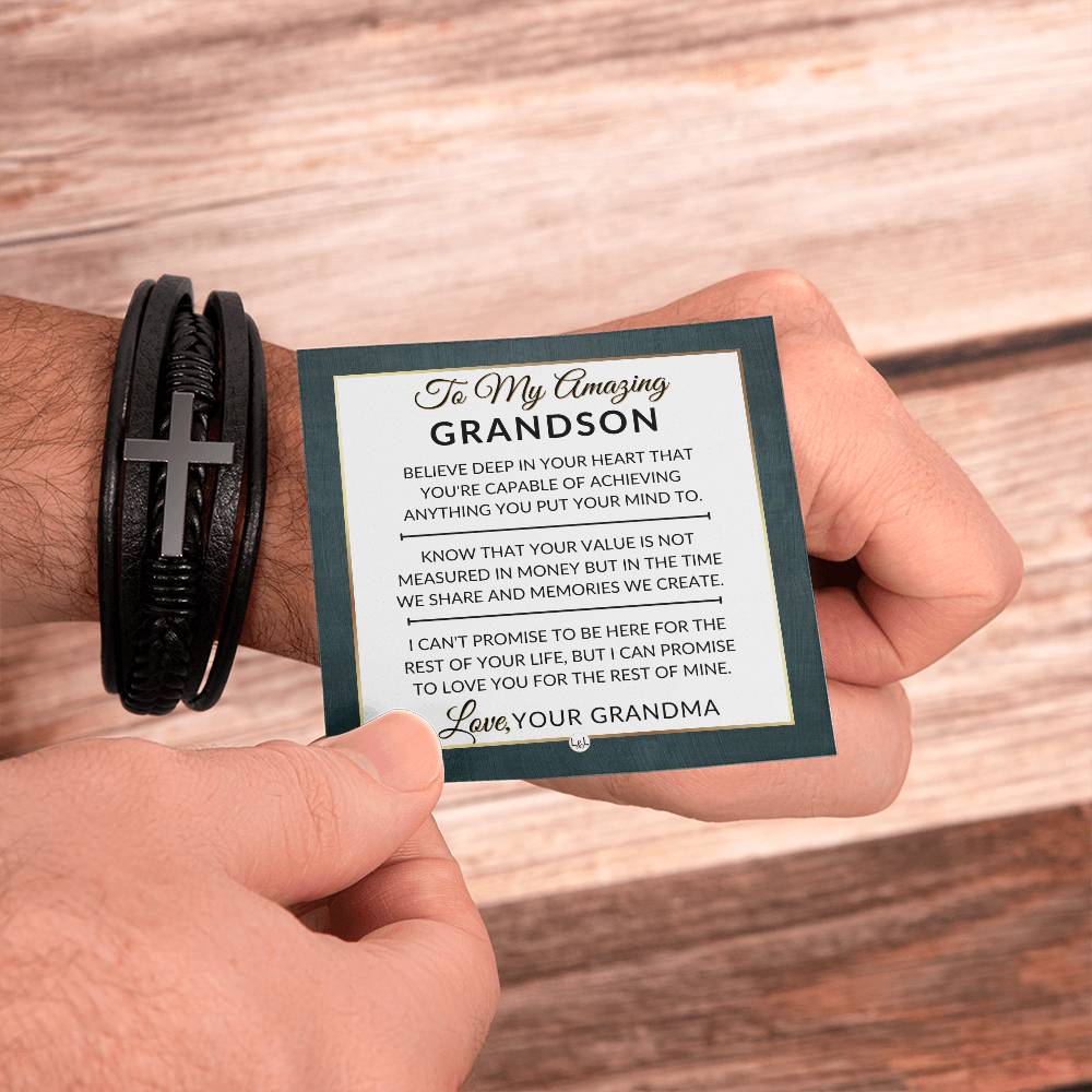 Grandson Gift From Grandma - You Can Achieve Anything - Men's Braided Leather Bracelet with Cross -  Christmas Gift or A Birthday Present For Him