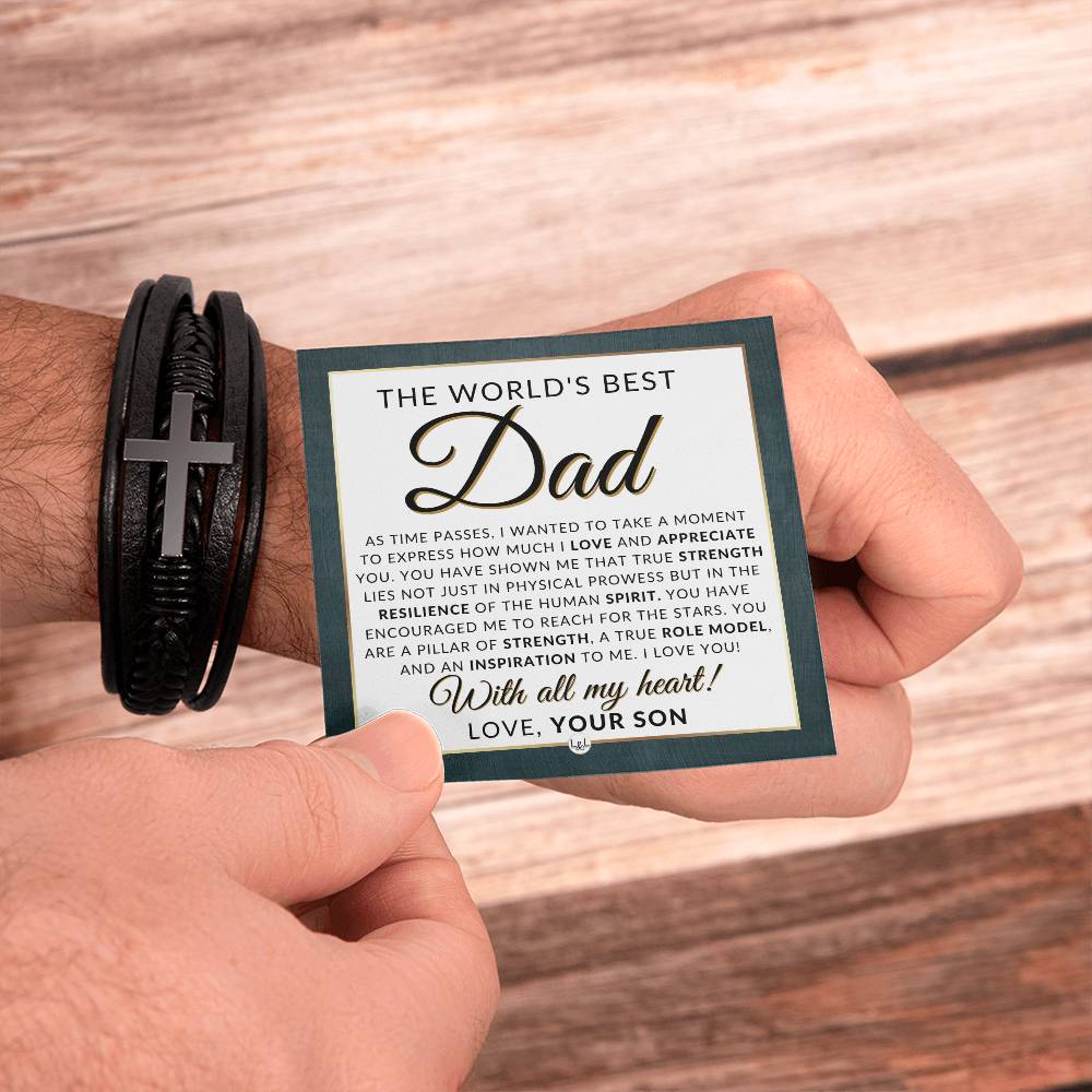 World's Best Dad, From Son - Men's Braided Leather Bracelet with Cross - Great Christmas Gift, Birthday Present or Fathers Day Gift For Him