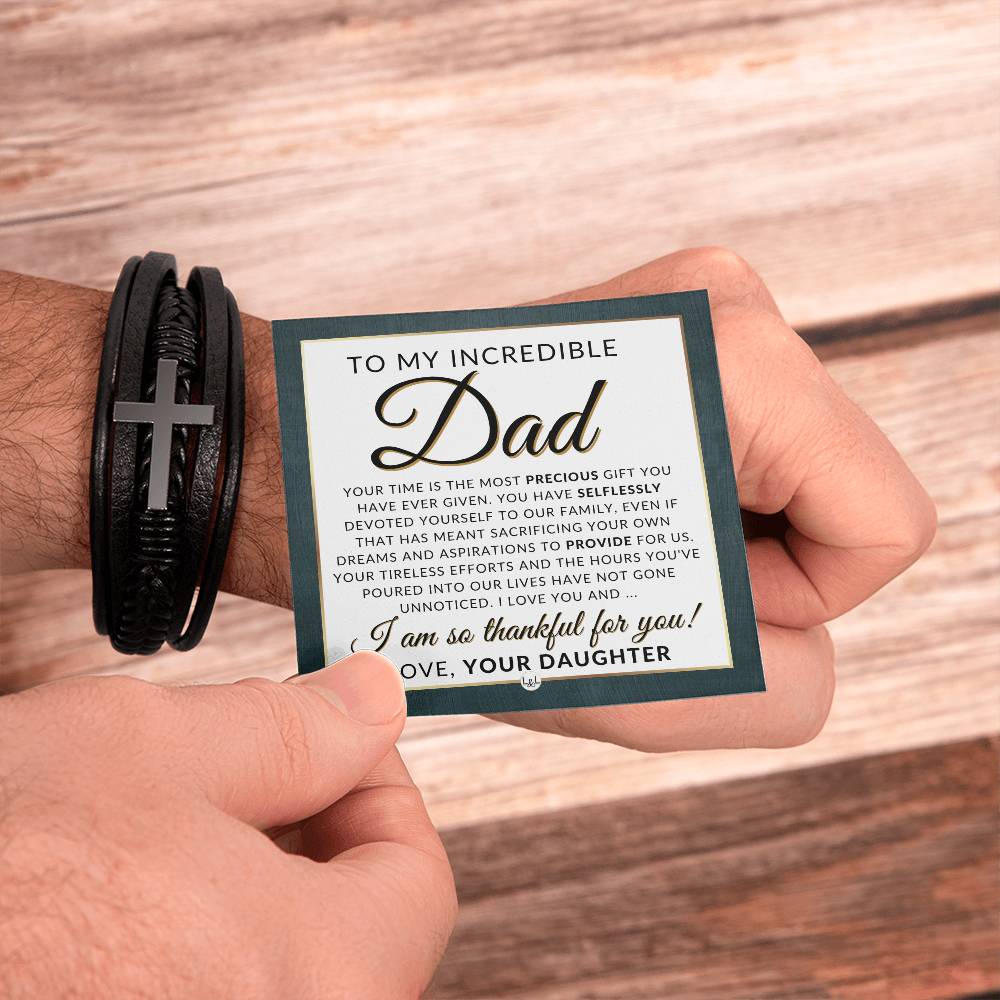 Gift For My Dad, From Daughter - Men's Braided Leather Bracelet with Cross - Great Christmas Gift, Birthday Present or Fathers Day Gift For Him