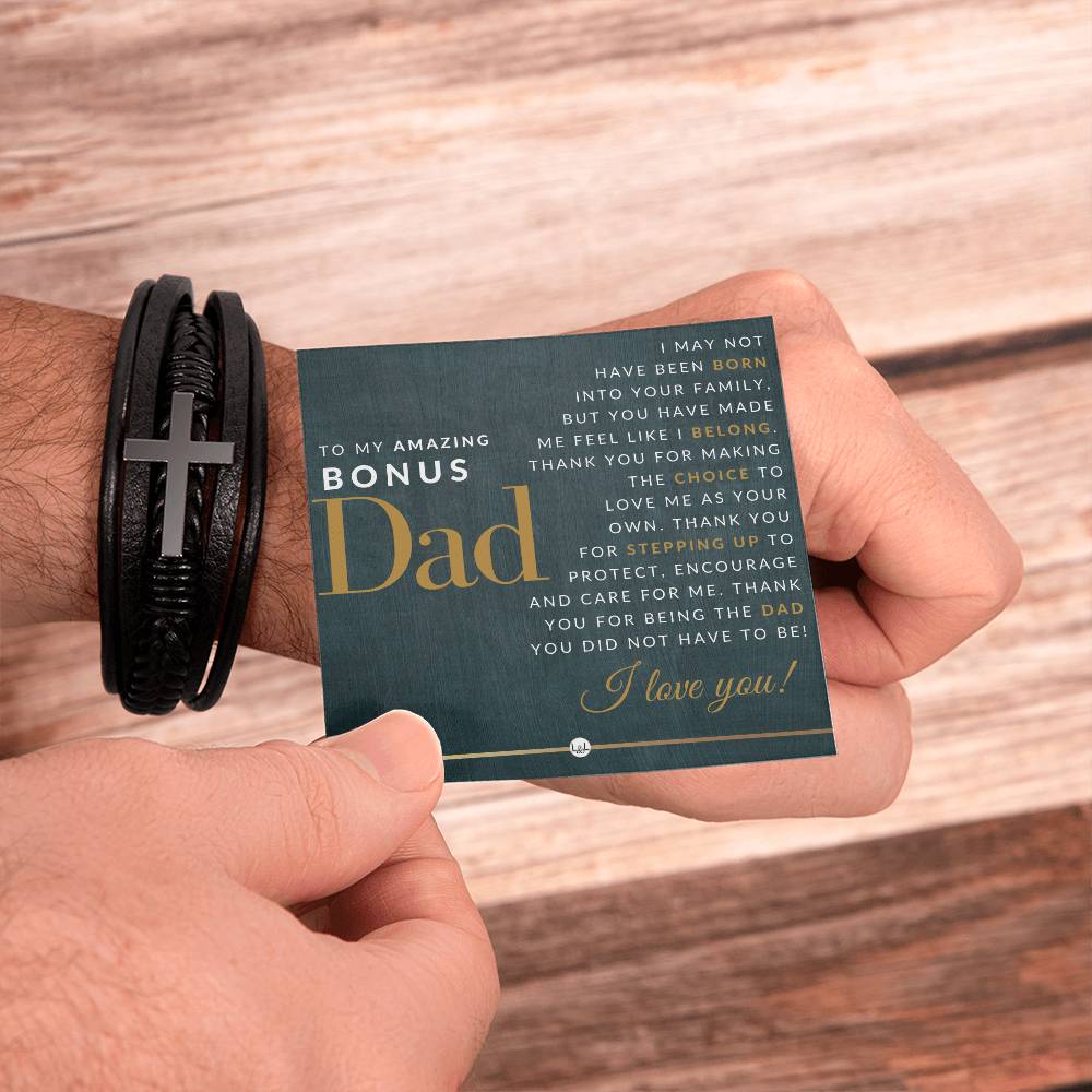 Gift For Bonus Dad - Men's Braided Leather Bracelet with Cross - Great Christmas Gift, Birthday Present or Fathers Day Gift For Him