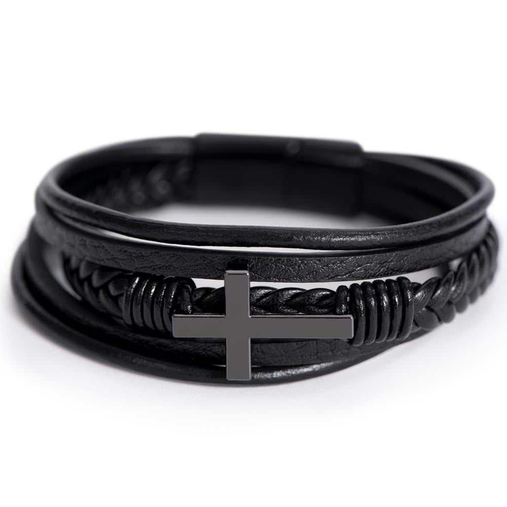 Stepped Up Dad Present - Men's Braided Leather Bracelet with Cross - Great Christmas Gift, Birthday Present or Fathers Day Gift For Him