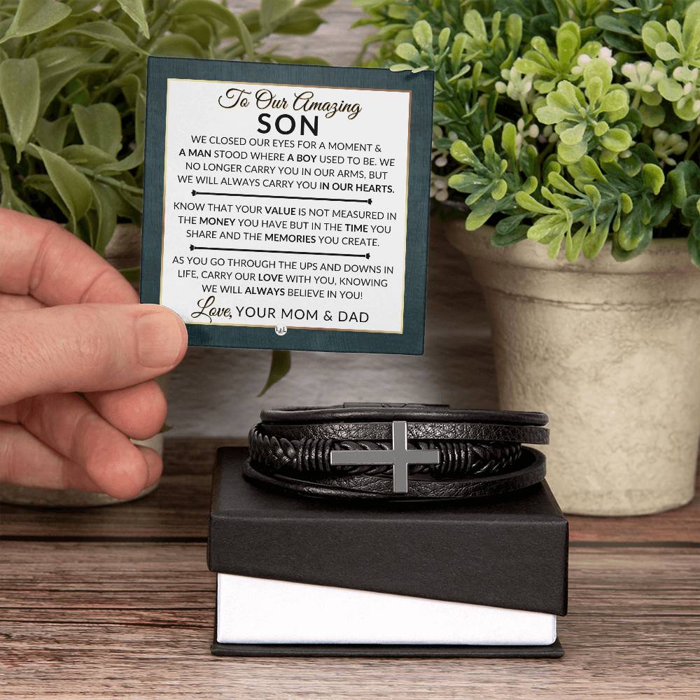 Gift For Our Son From His Mom and Dad - We Closed Our Eyes - Men's Braided Leather Bracelet with Cross - Christmas Gift or A Birthday Present For Him - Liliana and Liam