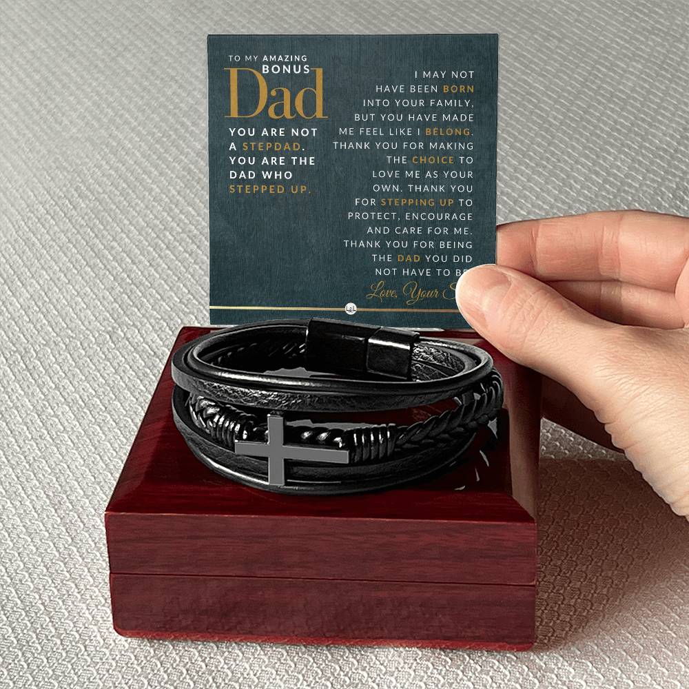 Gift For Bonus Dad, From Son - Men's Braided Leather Bracelet with Cross -  Christmas Gift or A Birthday Present For Him