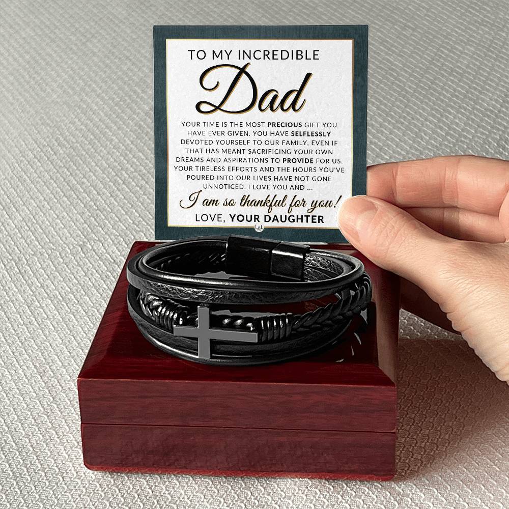 Gift For My Dad, From Daughter - Men's Braided Leather Bracelet with Cross - Great Christmas Gift, Birthday Present or Fathers Day Gift For Him