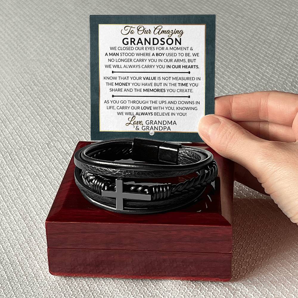 Gift For Our Grandson From His Grandma and Grandpa - We Closed Our Eyes - Men's Braided Leather Bracelet with Cross -  Christmas Gift or A Birthday Present For Him