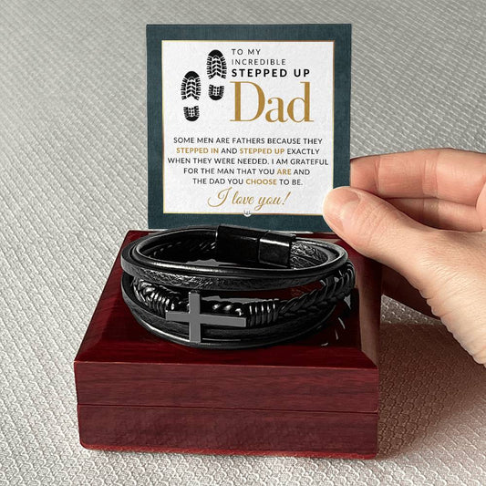 Stepped Up Dad Bracelet - Men's Braided Leather Bracelet with Cross - Great Christmas Gift, Birthday Present or Fathers Day Gift For Him