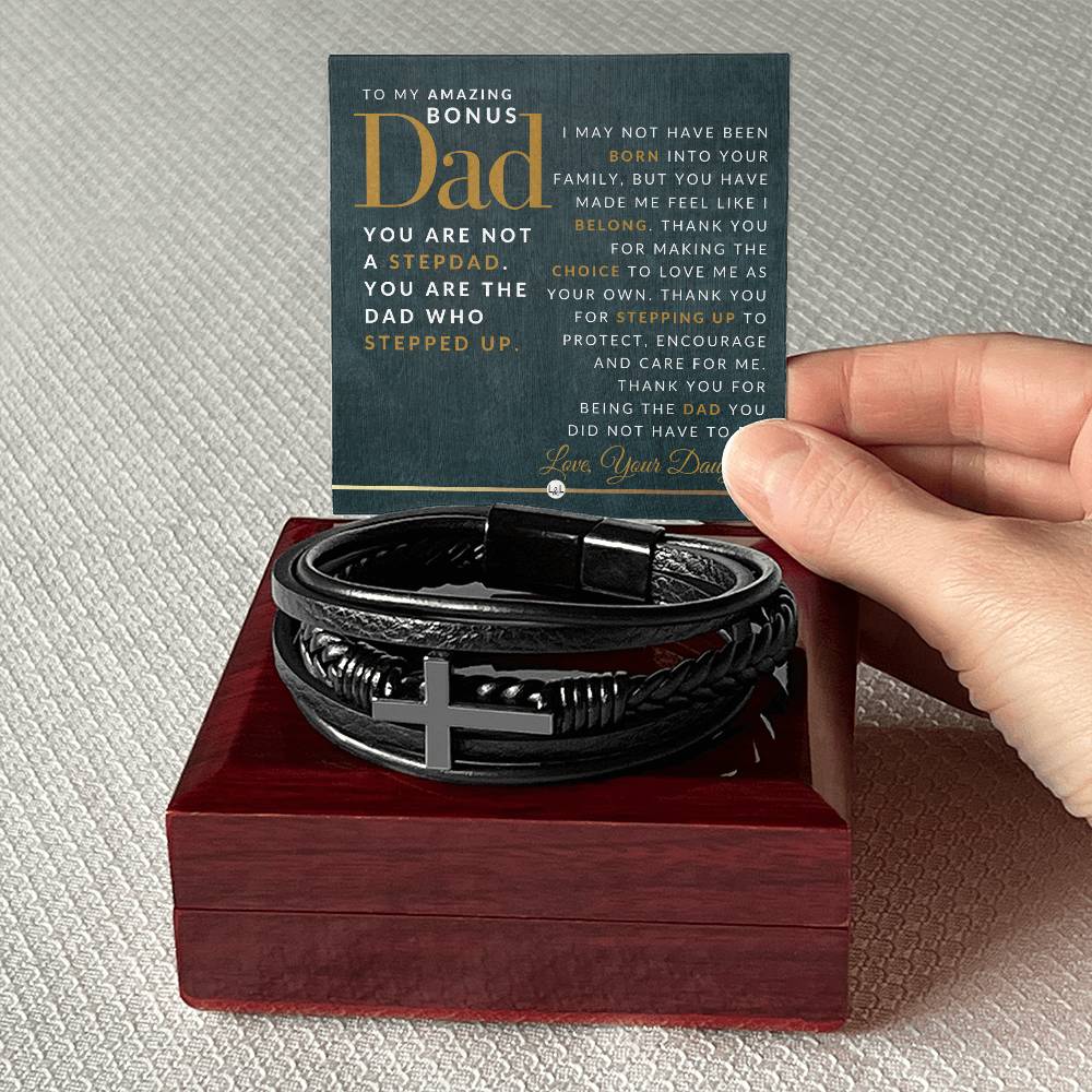 Gift For Bonus Dad, From Daughter - Men's Braided Leather Bracelet with Cross - Great Christmas Gift, Birthday Present or Fathers Day Gift For Him