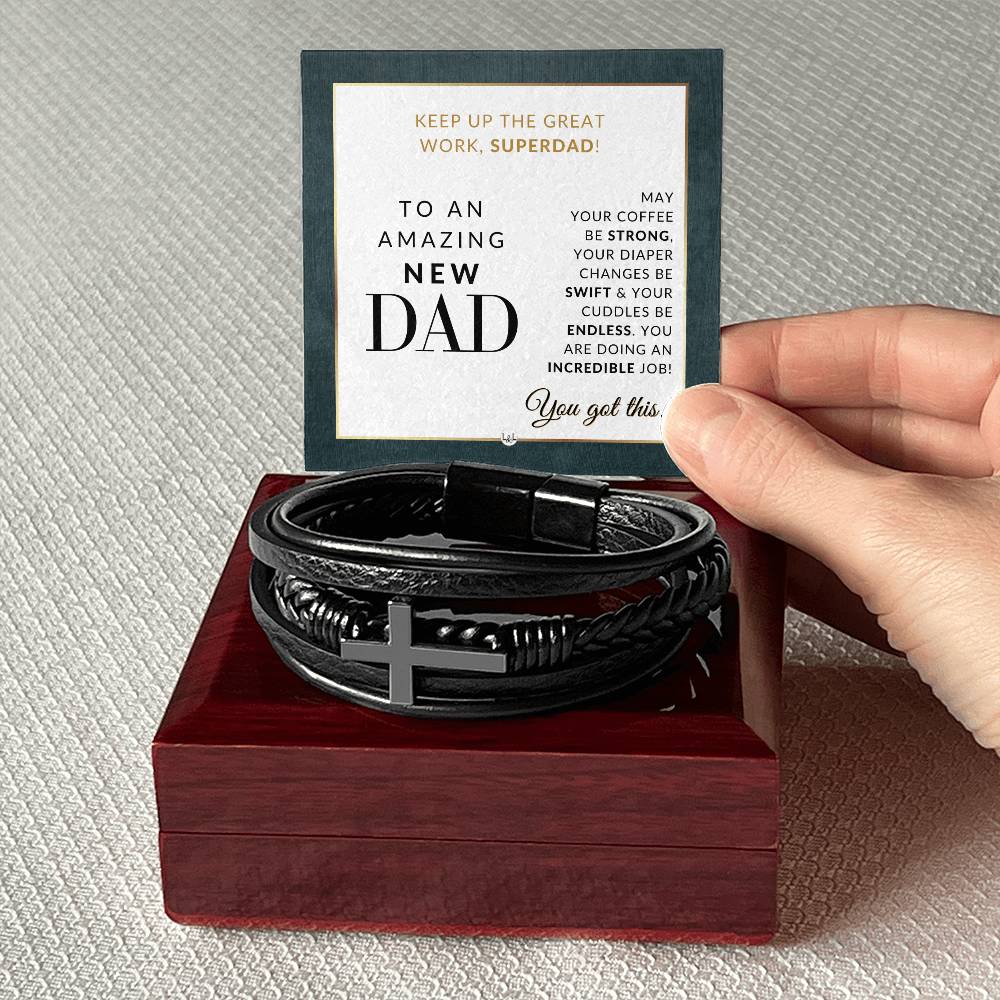 New Dad Gift From Wife - Men's Braided Leather Bracelet with Cross -  Christmas Gift or A Birthday Present For Him