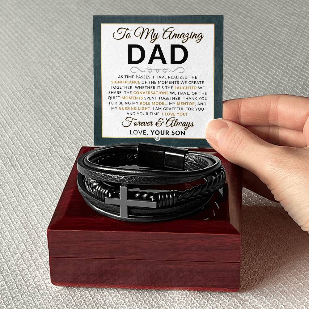 Dad Gift, From Son - Men's Braided Leather Bracelet with Cross - Great Christmas Gift, Birthday Present or Fathers Day Gift For Him