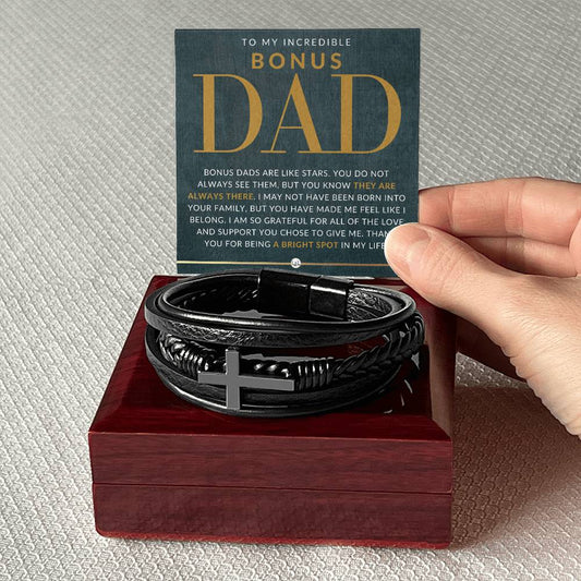 Bonus Dad Gift - Men's Braided Leather Bracelet with Cross - Great Christmas Gift, Birthday Present or Fathers Day Gift For Him