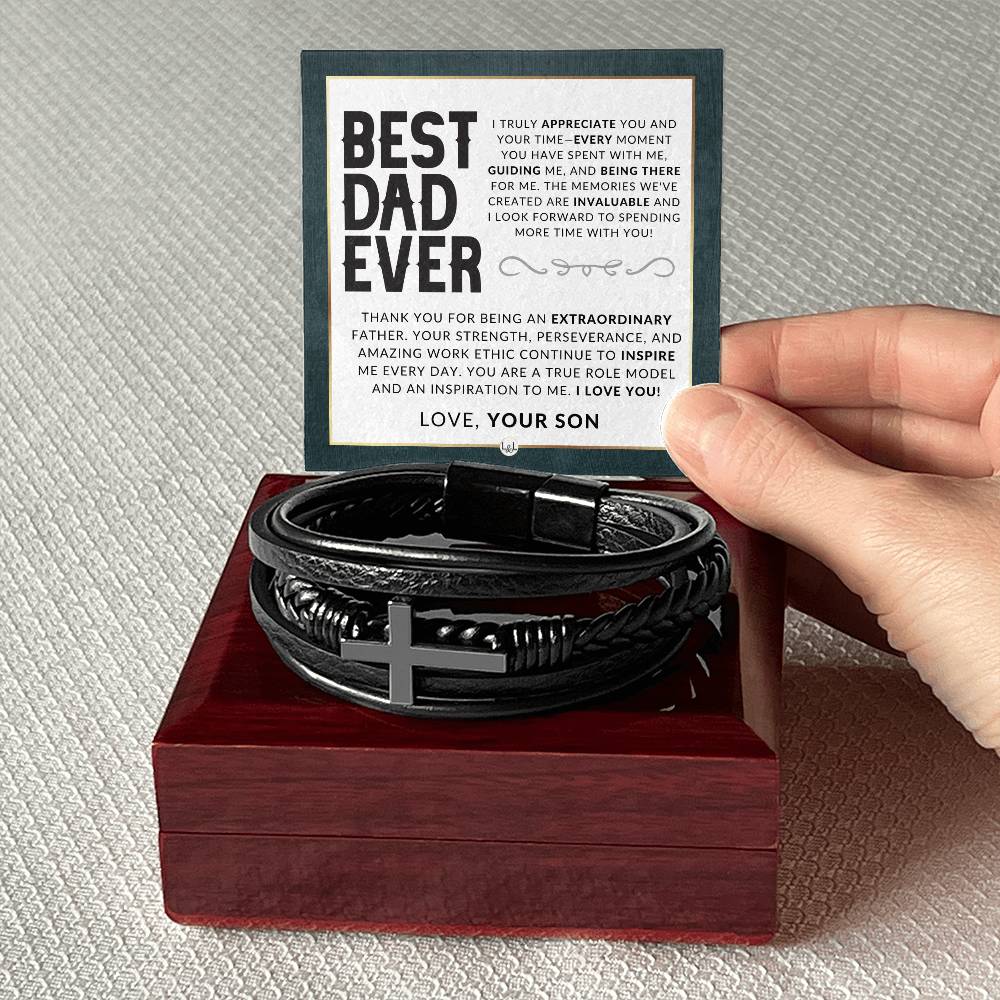 Dad Gift, From His Son - Men's Braided Leather Bracelet with Cross -  Christmas Gift or A Birthday Present For Him