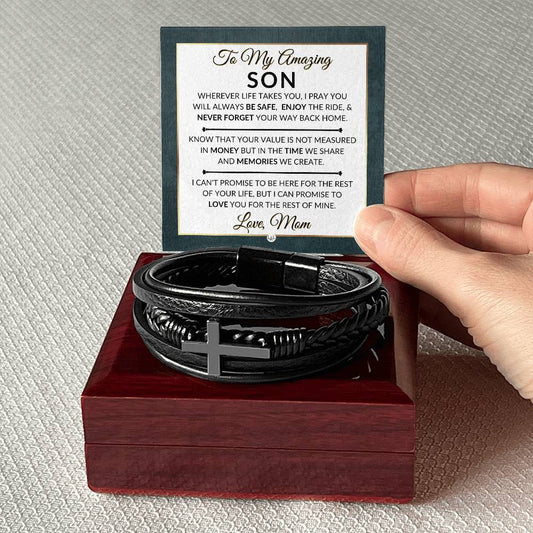 Gift For Son From Mom - Never Forget Your Way Home - Men's Braided Leather Bracelet with Cross -  Christmas Gift or A Birthday Present For Him