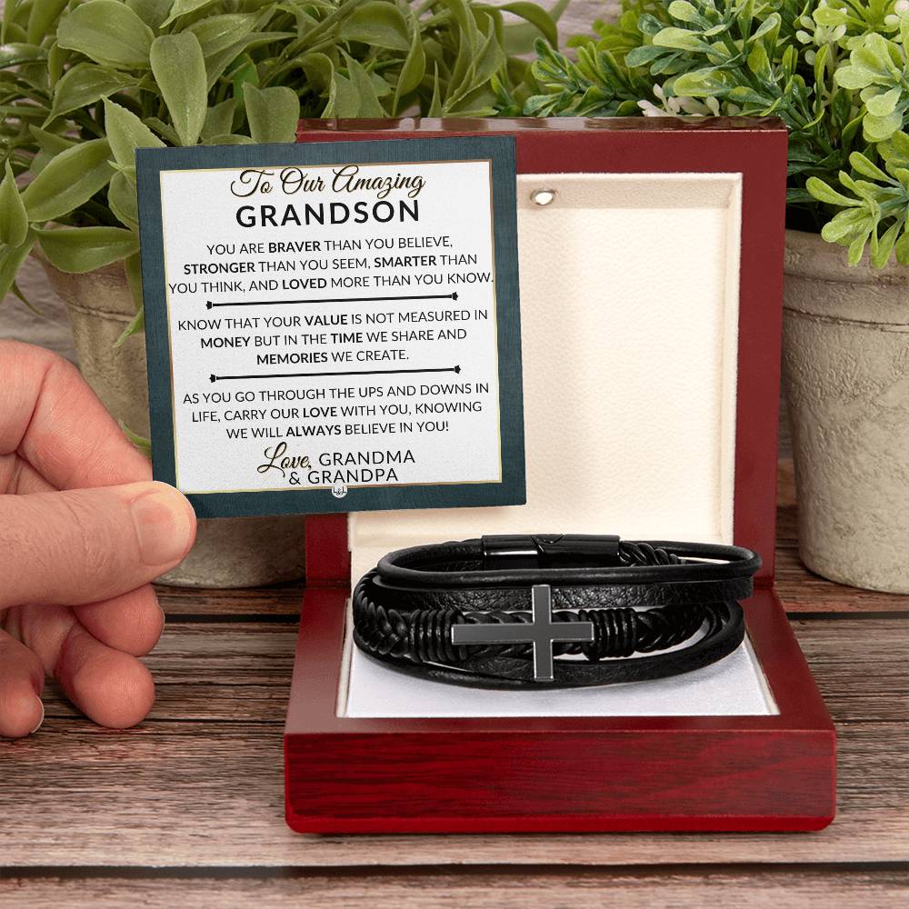 Gift For Our Grandson From Grandma and Grandpa - Carry Our Love With You - Men's Braided Leather Bracelet with Cross -  Christmas Gift or A Birthday Present For Him