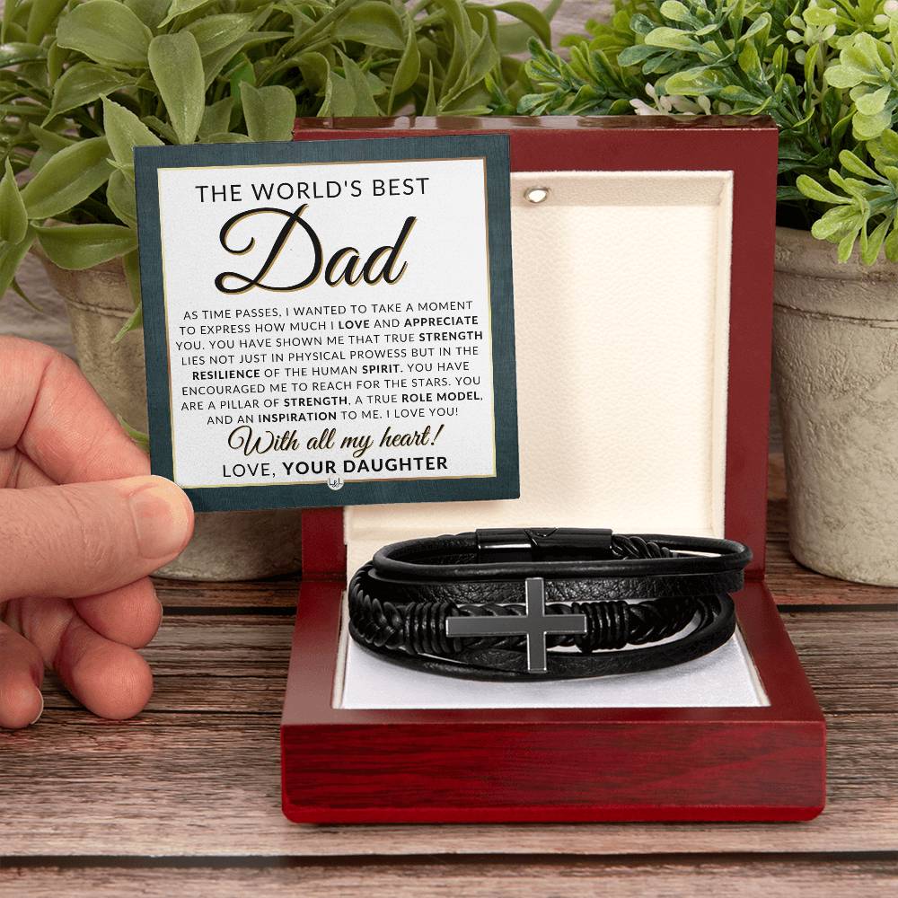 World's Best Dad, From Daughter - Men's Braided Leather Bracelet with Cross - Great Christmas Gift, Birthday Present or Fathers Day Gift For Him