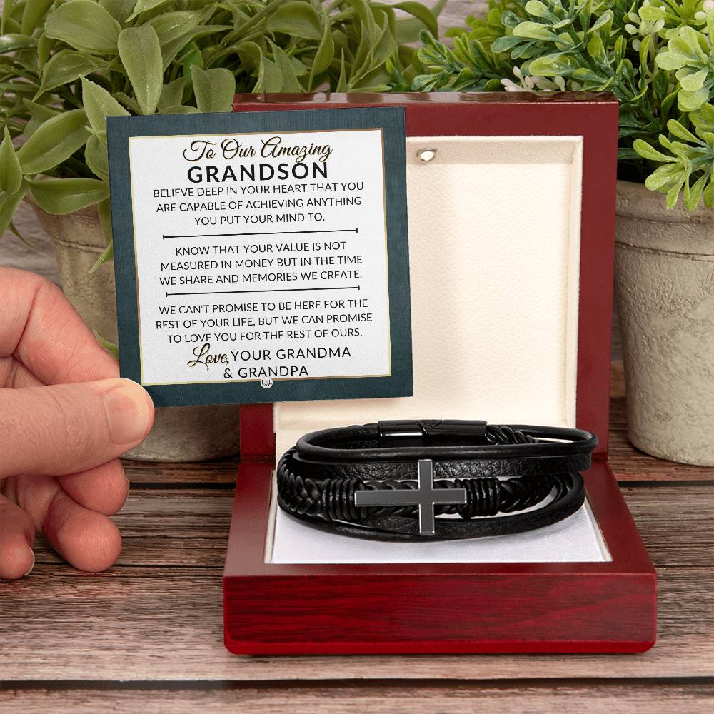 Grandson Gift From Grandma and Grandpa - You Can Achieve Anything - Men's Braided Leather Bracelet with Cross -  Christmas Gift or A Birthday Present For Him