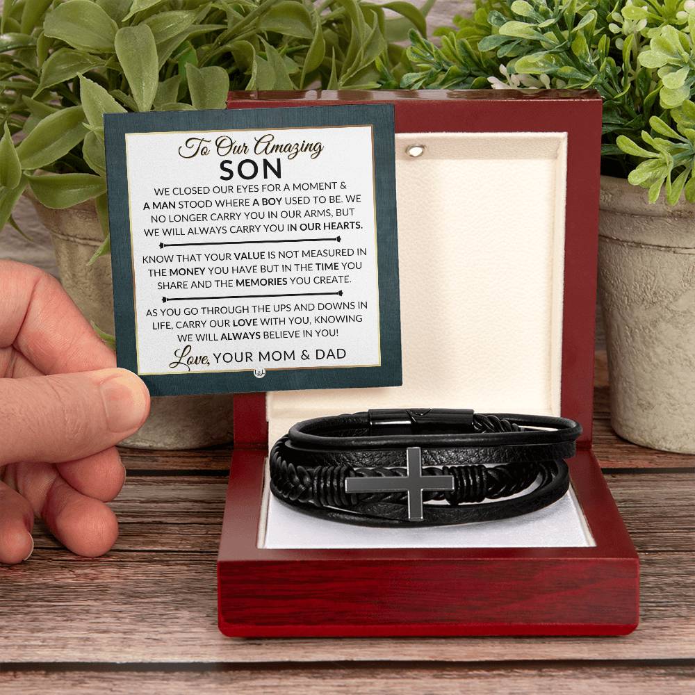 Gift For Our Son From His Mom and Dad - We Closed Our Eyes - Men's Braided Leather Bracelet with Cross - Christmas Gift or A Birthday Present For Him - Liliana and Liam