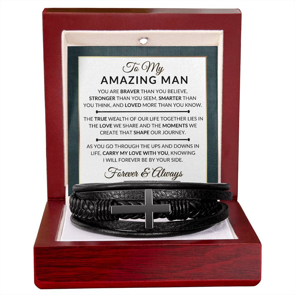 Special Gift For My Man - Carry My Love With You - Men's Braided Leather Bracelet with Cross - Great Christmas Gift, Valentines Day, Anniversary or Birthday Present For Him - Liliana and Liam