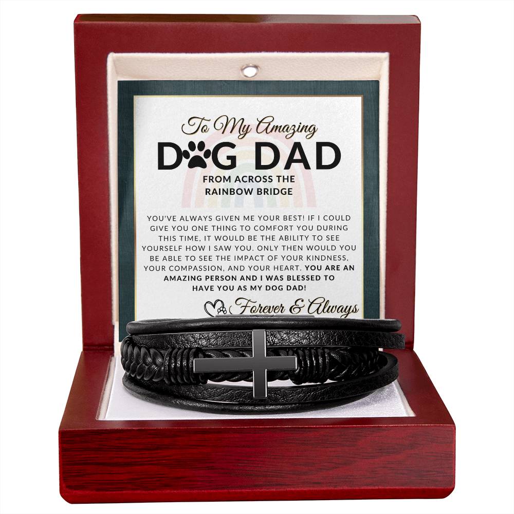 For Grieving Dog Dad - Dog Memorial Gift, Dog Loss Keepsake For Him, Dog in Heaven - Condolence And Comfort Sympathy Gift - Men's Braided Leather Bracelet with Cross