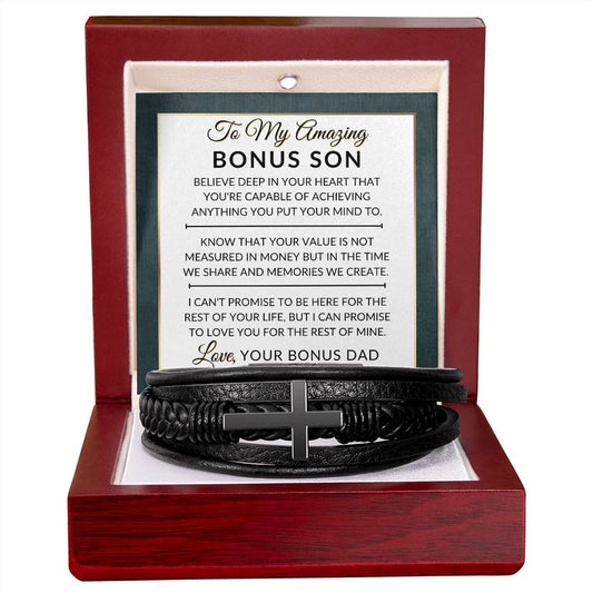 Bonus Son Gift From Bonus Dad - You Can Achieve Anything - Men's Braided Leather Bracelet with Cross -  Christmas Gift or A Birthday Present For Him