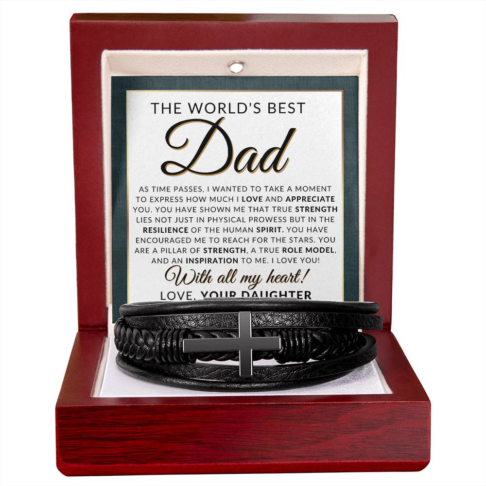 World's Best Dad, From Daughter - Men's Braided Leather Bracelet with Cross - Great Christmas Gift, Birthday Present or Fathers Day Gift For Him