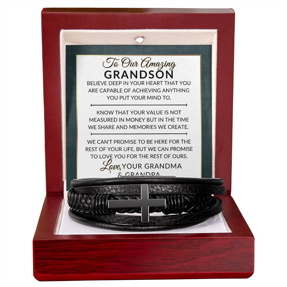Grandson Gift From Grandma and Grandpa - You Can Achieve Anything - Men's Braided Leather Bracelet with Cross -  Christmas Gift or A Birthday Present For Him