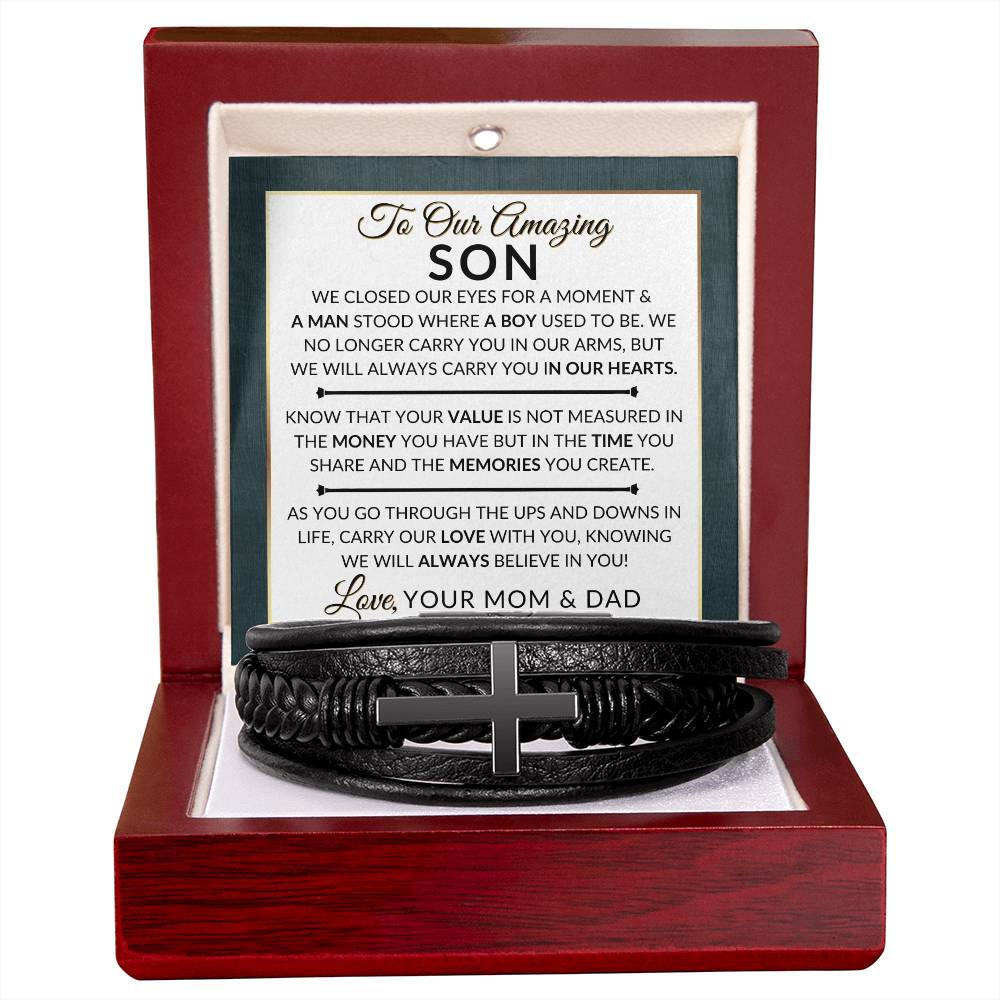 Gift For Our Son From His Mom and Dad - We Closed Our Eyes - Men's Braided Leather Bracelet with Cross - Christmas Gift or A Birthday Present For Him - Liliana and Liam