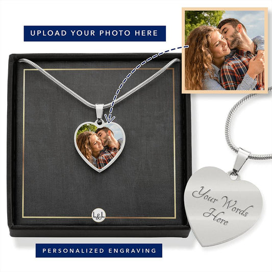 Photo Upload Necklace - Heart Photo Pendant + Custom Engraving Option