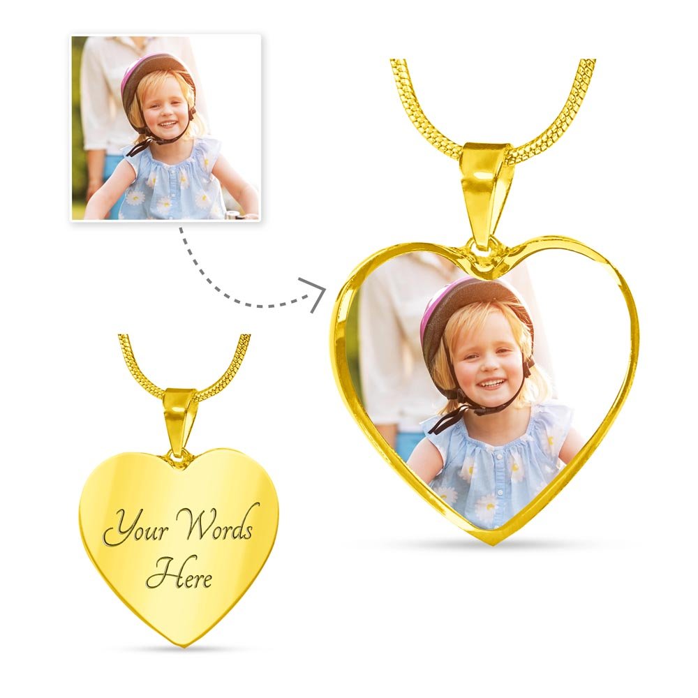 Photo Upload Necklace - Heart Photo Pendant + Custom Engraving Option