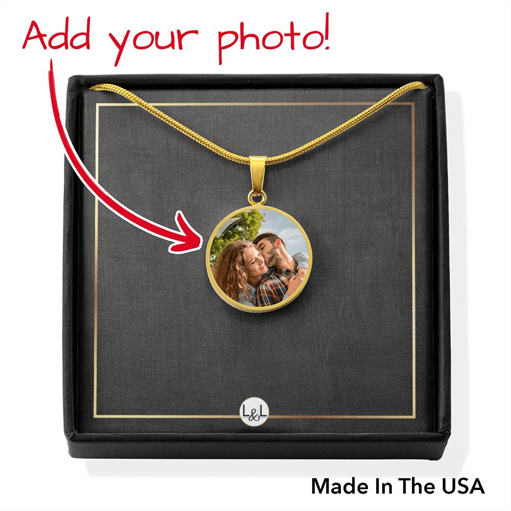 Photo Upload Necklace - Round Photo Pendant + Custom Engraving Option